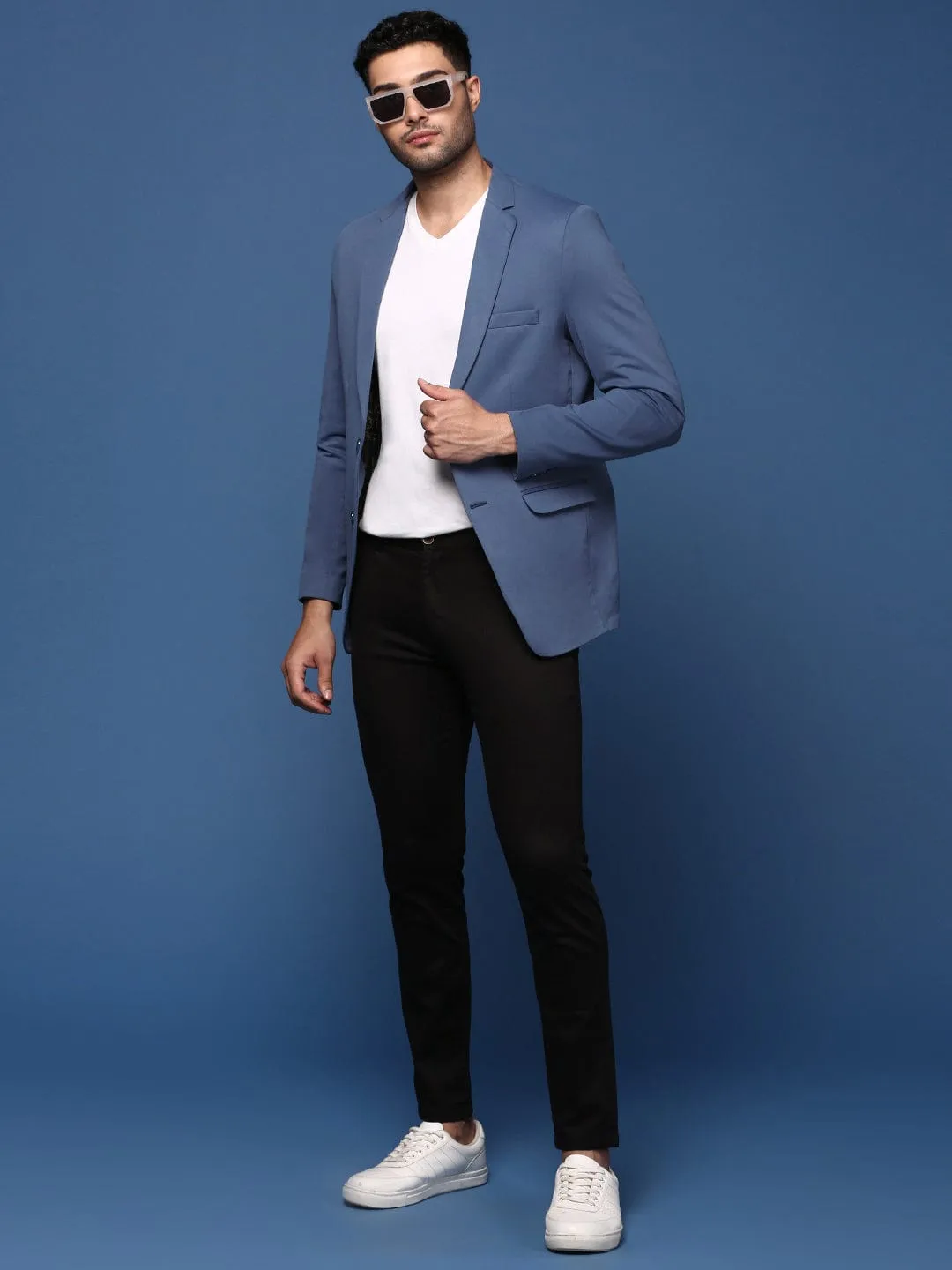 Men Blue Slim Fit Cotton Single Breasted Blazer