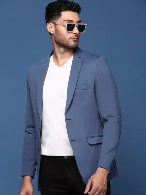 Men Blue Slim Fit Cotton Single Breasted Blazer
