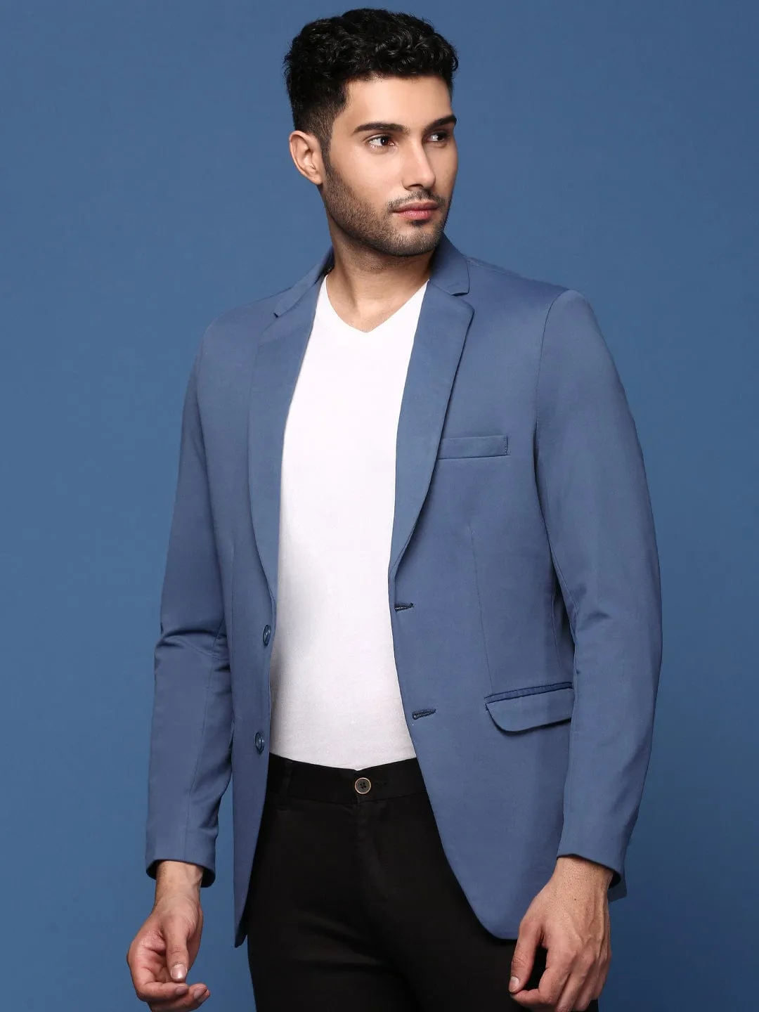 Men Blue Slim Fit Cotton Single Breasted Blazer
