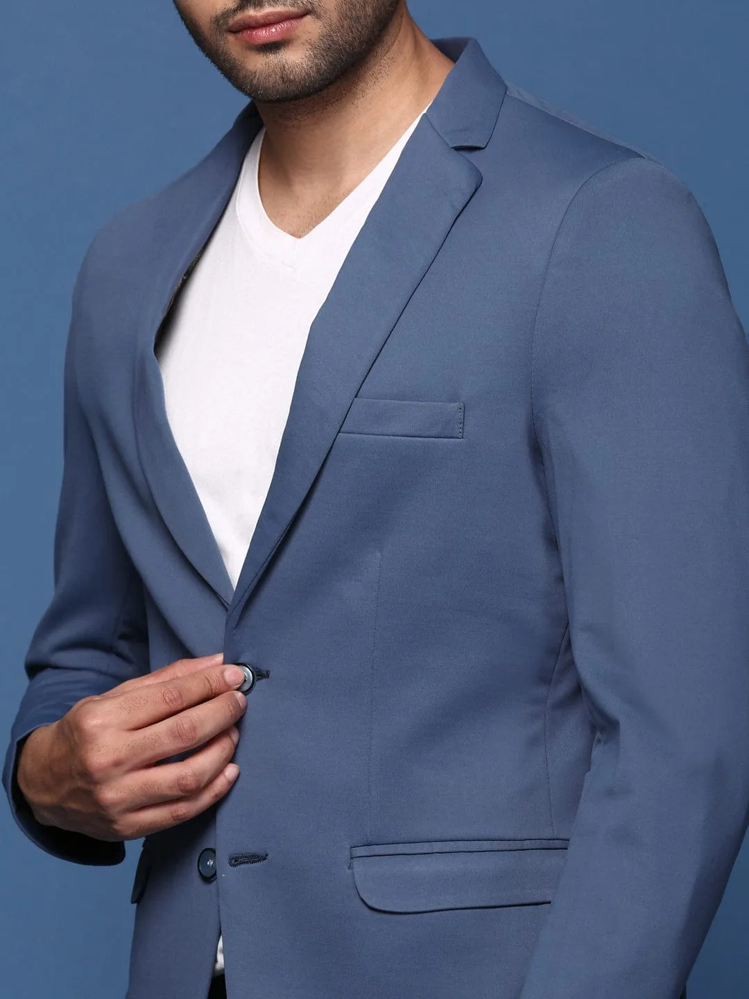 Men Blue Slim Fit Cotton Single Breasted Blazer
