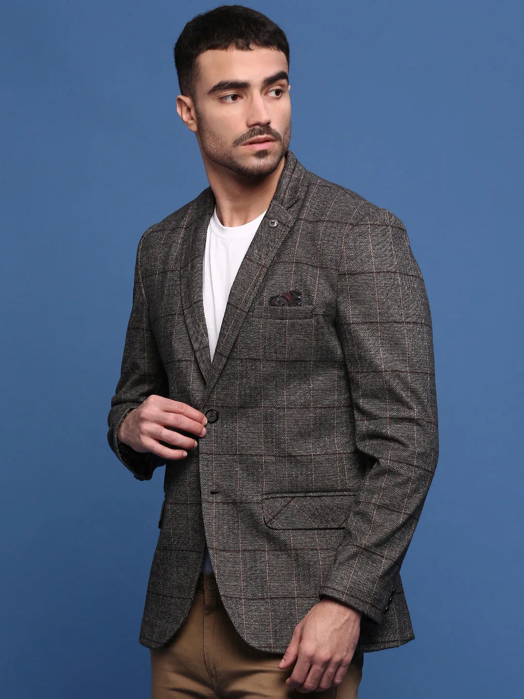 Men Brown Slim Fit Checked Single Breasted Blazer