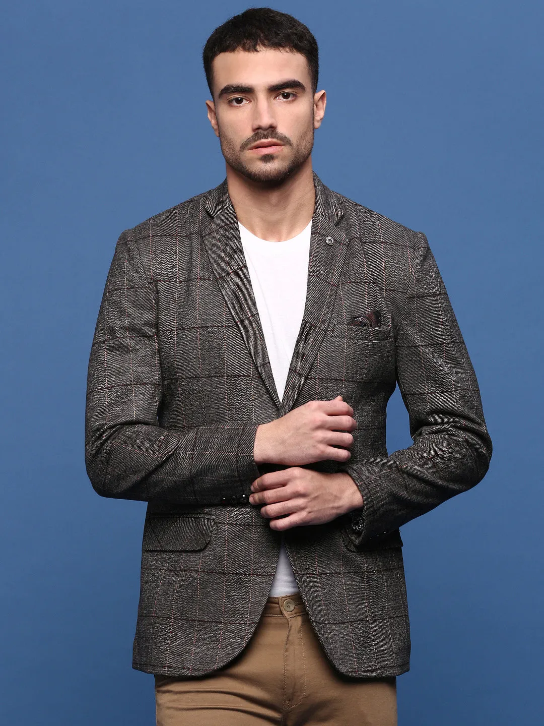 Men Brown Slim Fit Checked Single Breasted Blazer