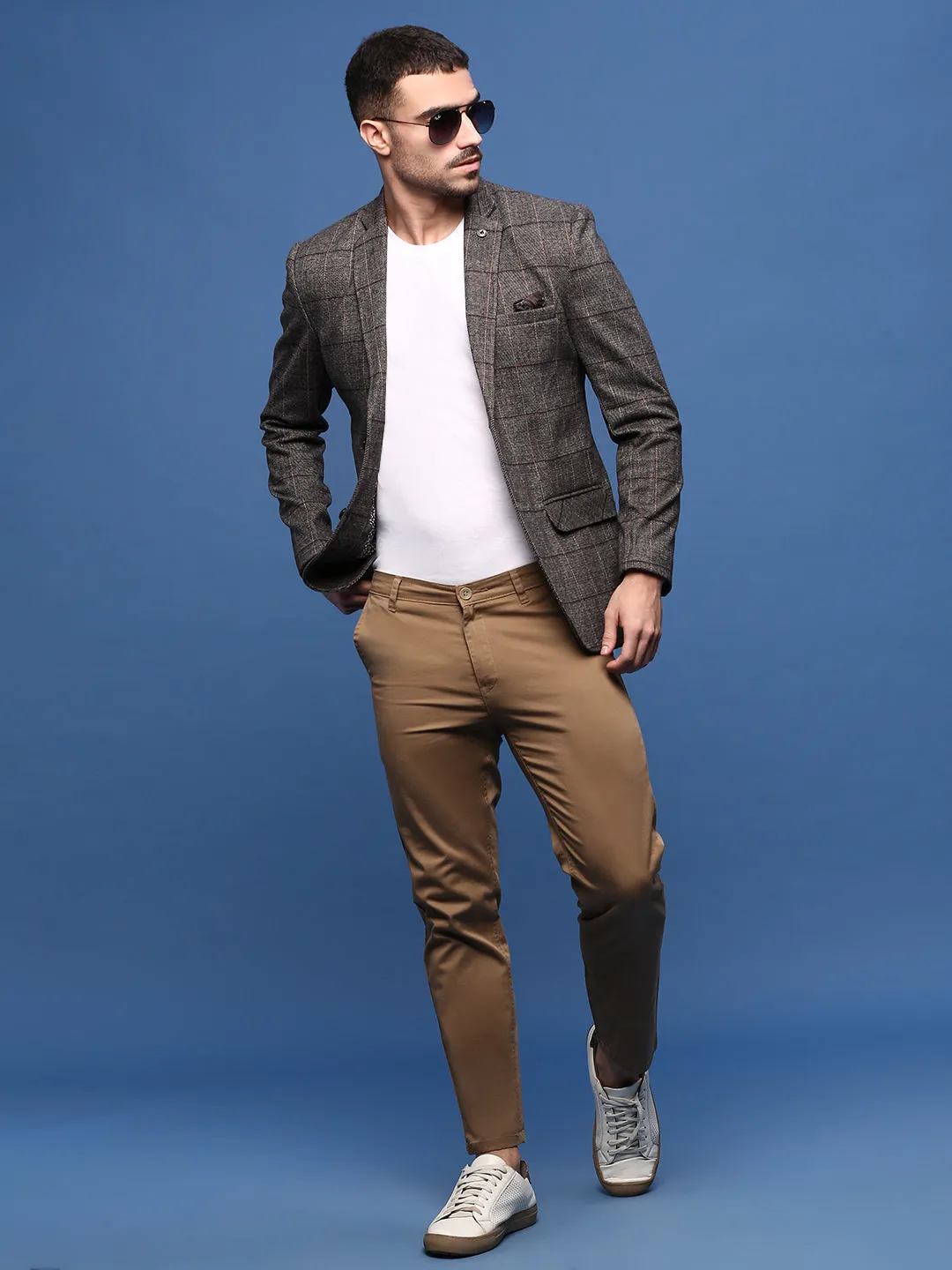 Men Brown Slim Fit Checked Single Breasted Blazer
