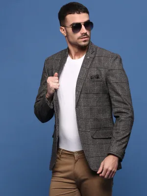 Men Brown Slim Fit Checked Single Breasted Blazer