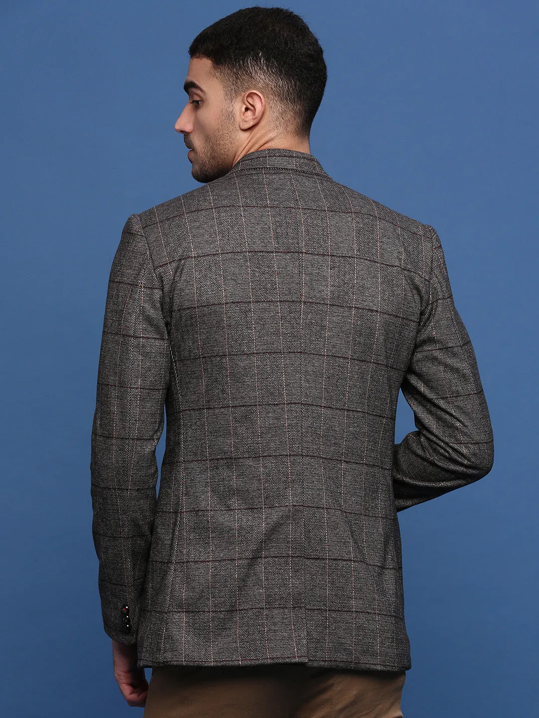 Men Brown Slim Fit Checked Single Breasted Blazer
