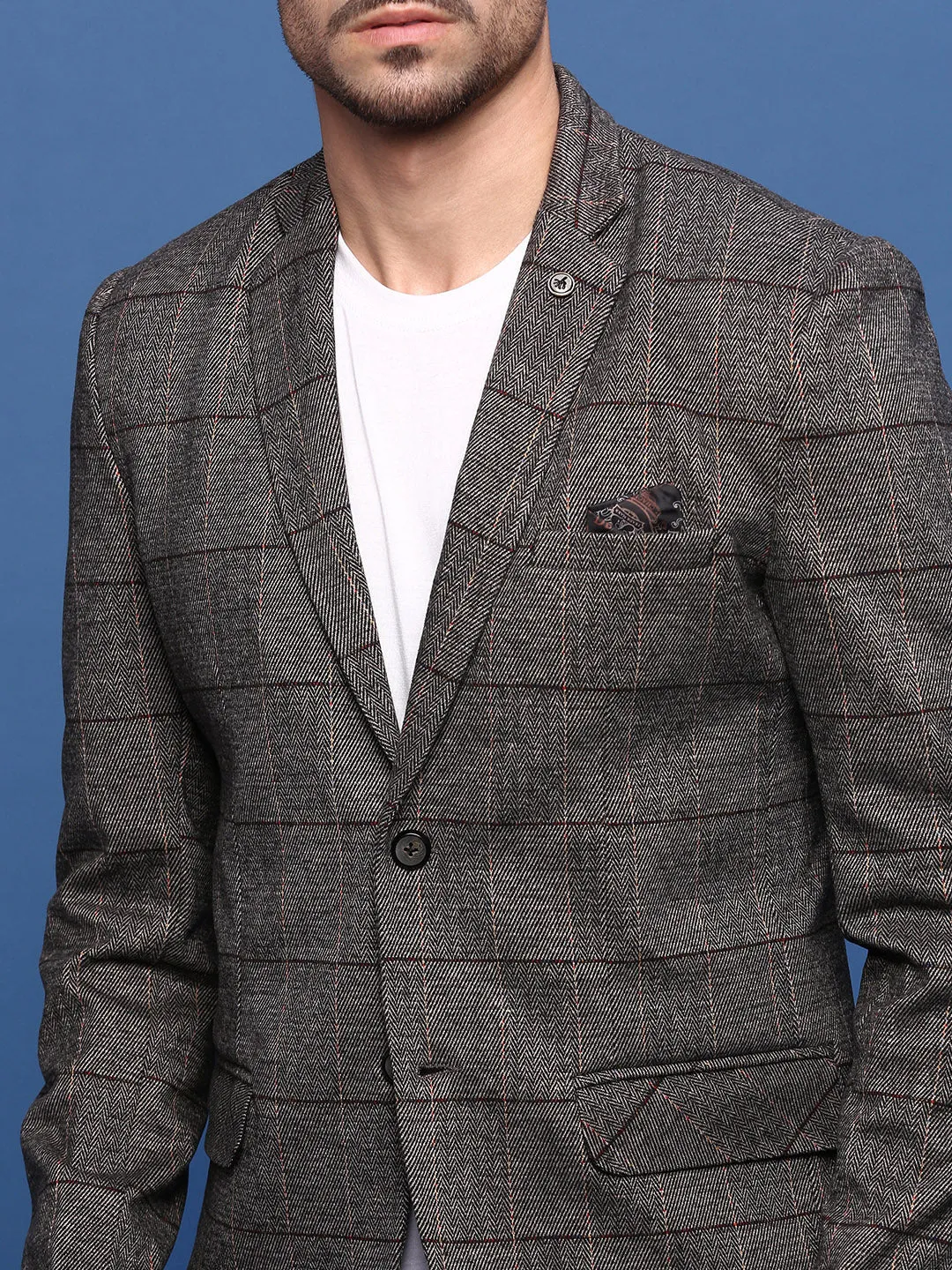 Men Brown Slim Fit Checked Single Breasted Blazer