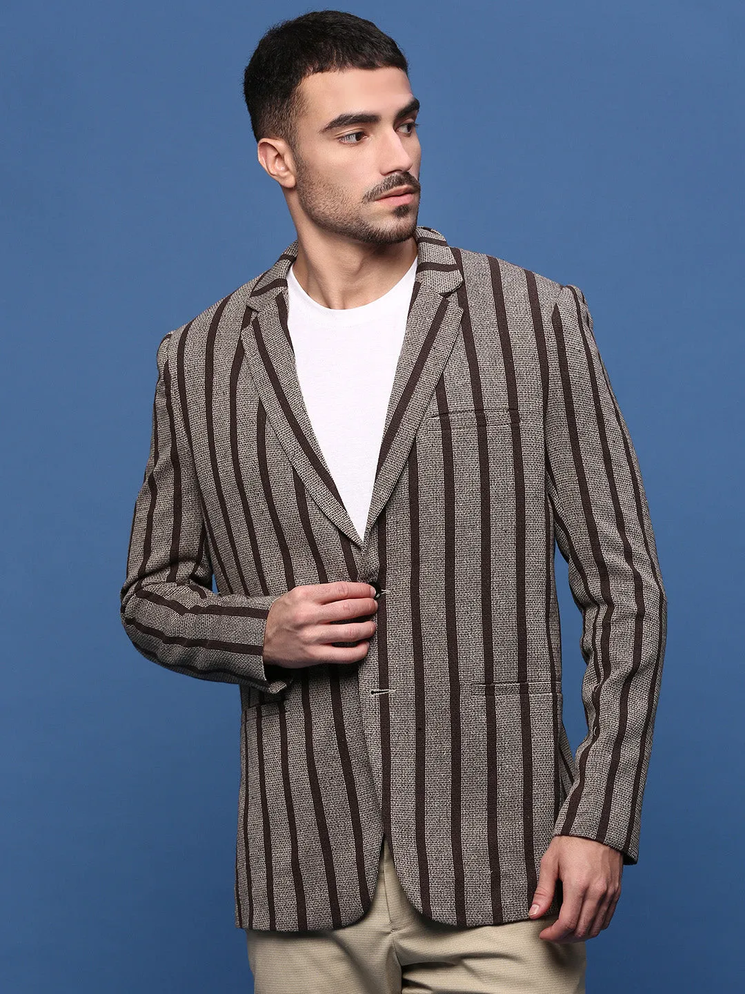 Men Brown Slim Fit Striped Single Breasted Blazer