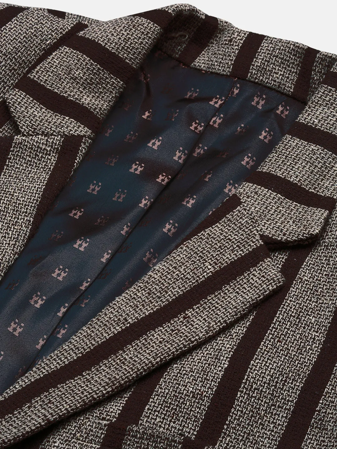 Men Brown Slim Fit Striped Single Breasted Blazer