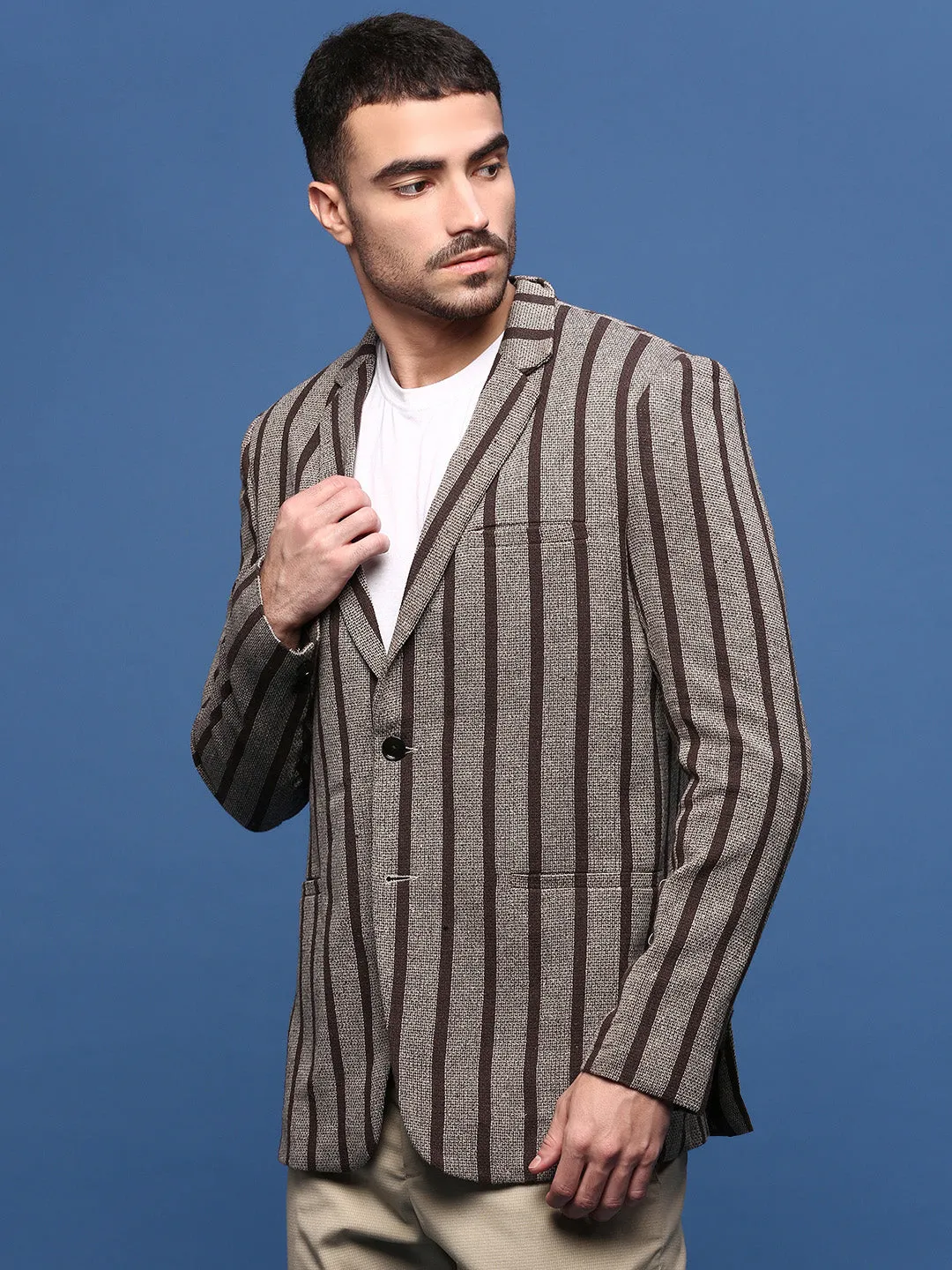 Men Brown Slim Fit Striped Single Breasted Blazer