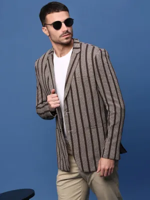Men Brown Slim Fit Striped Single Breasted Blazer