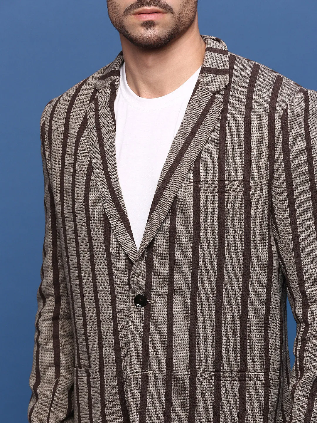 Men Brown Slim Fit Striped Single Breasted Blazer