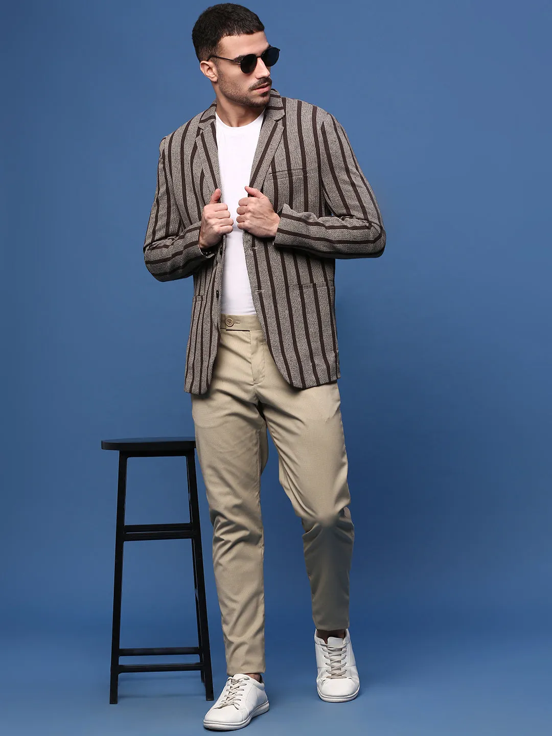 Men Brown Slim Fit Striped Single Breasted Blazer