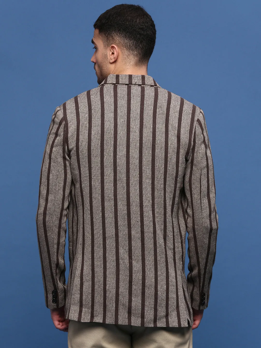 Men Brown Slim Fit Striped Single Breasted Blazer