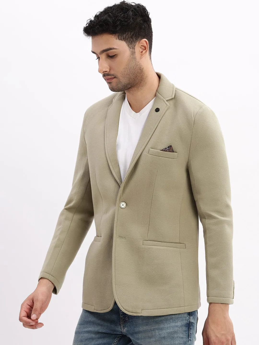 Men Green Slim-Fit Notched Lapel Collar Single Breasted Casual Blazer