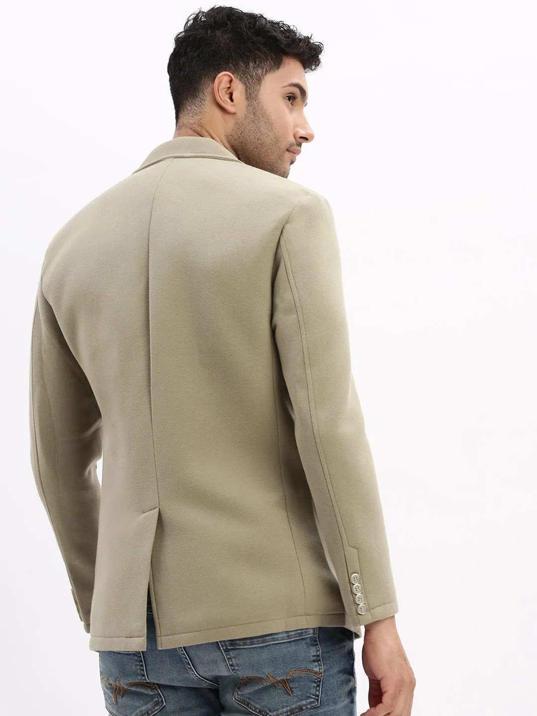 Men Green Slim-Fit Notched Lapel Collar Single Breasted Casual Blazer