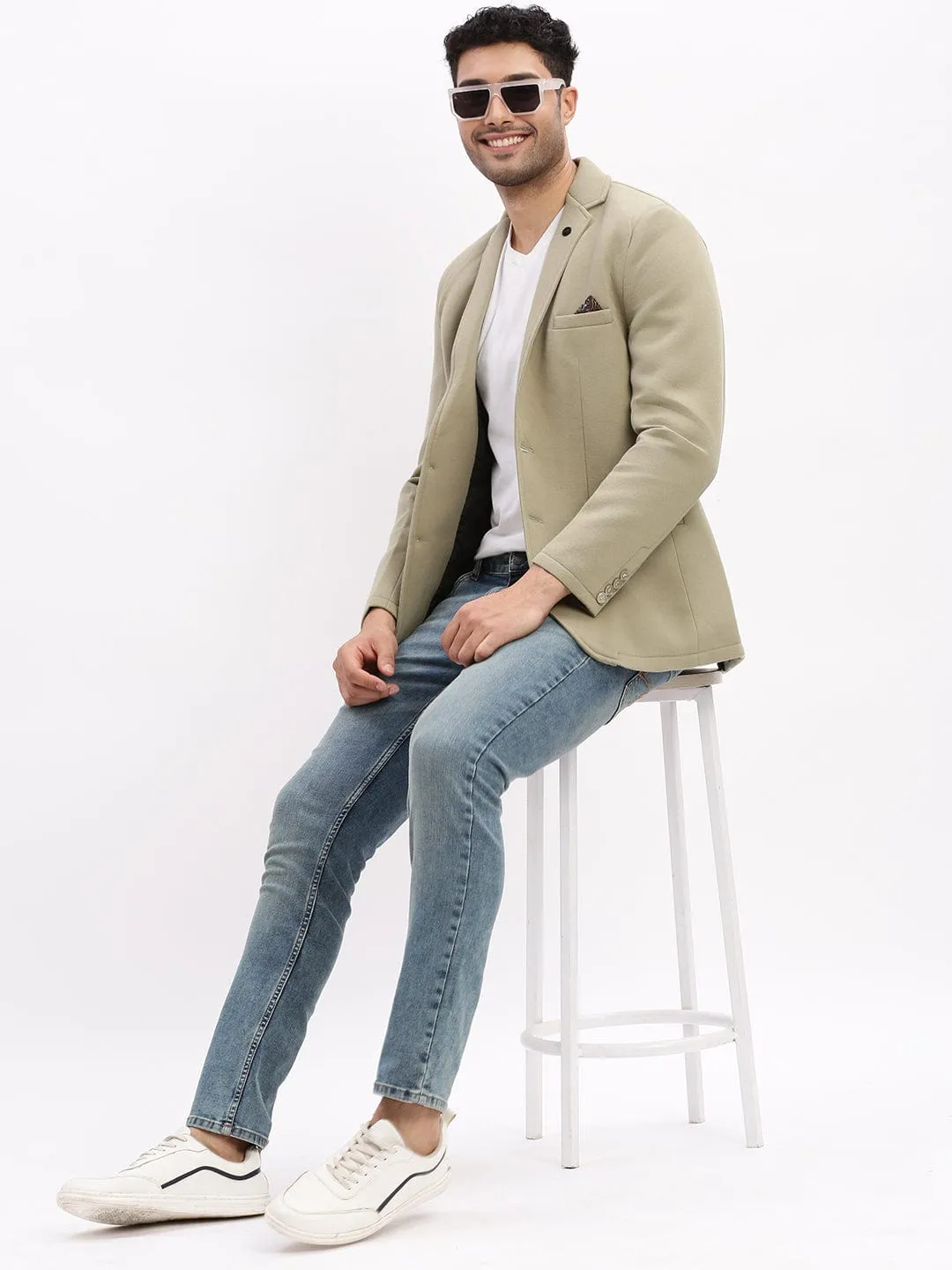 Men Green Slim-Fit Notched Lapel Collar Single Breasted Casual Blazer