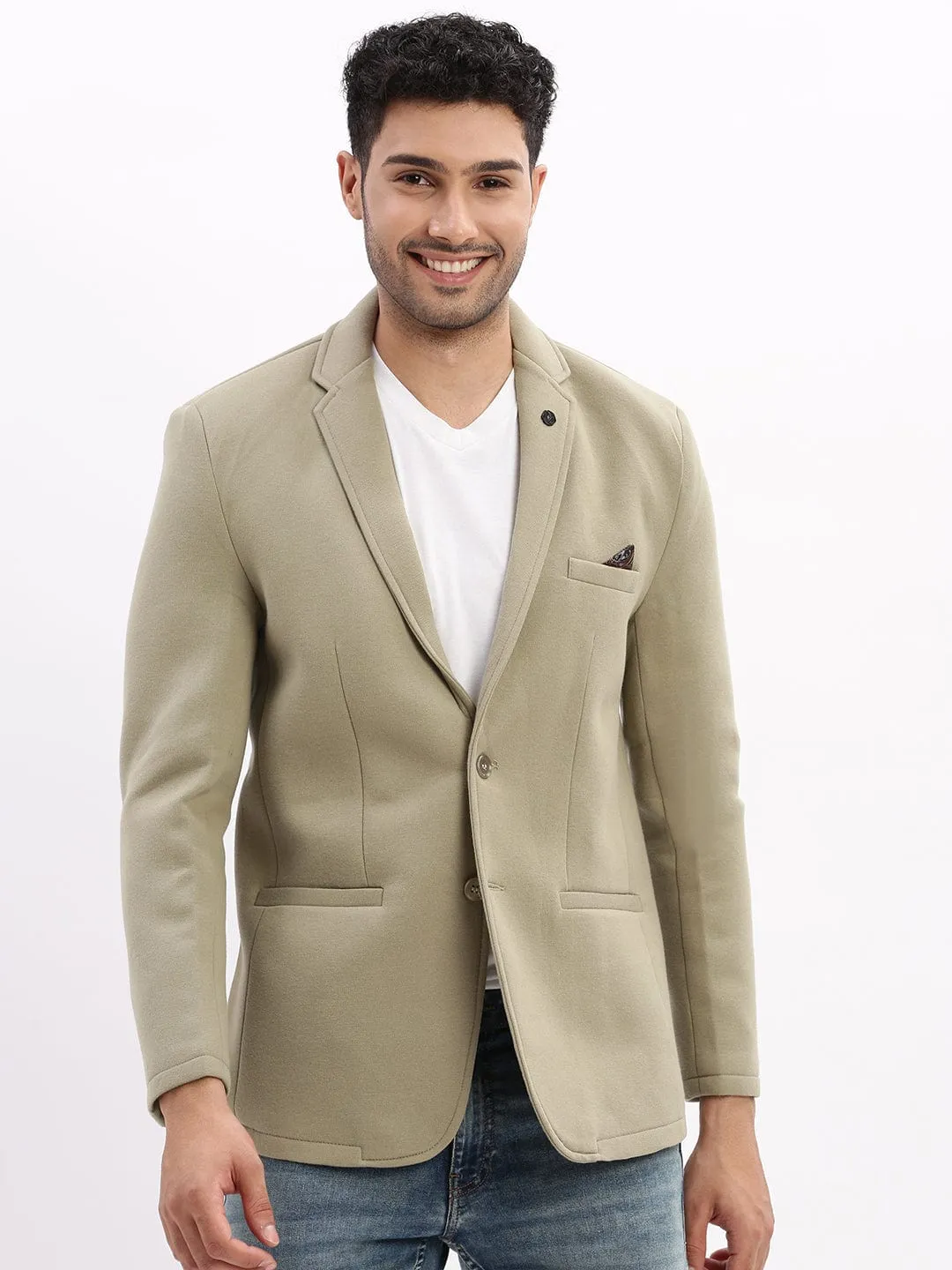 Men Green Slim-Fit Notched Lapel Collar Single Breasted Casual Blazer