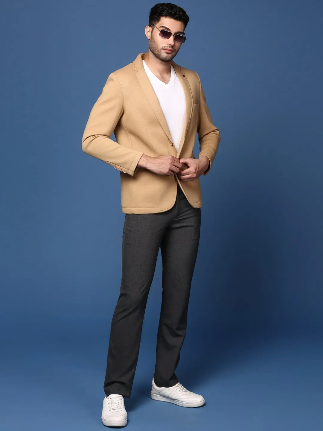 Men Khaki Notched Lapel Slim Fit Single Breasted Blazer
