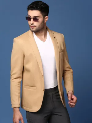 Men Khaki Notched Lapel Slim Fit Single Breasted Blazer