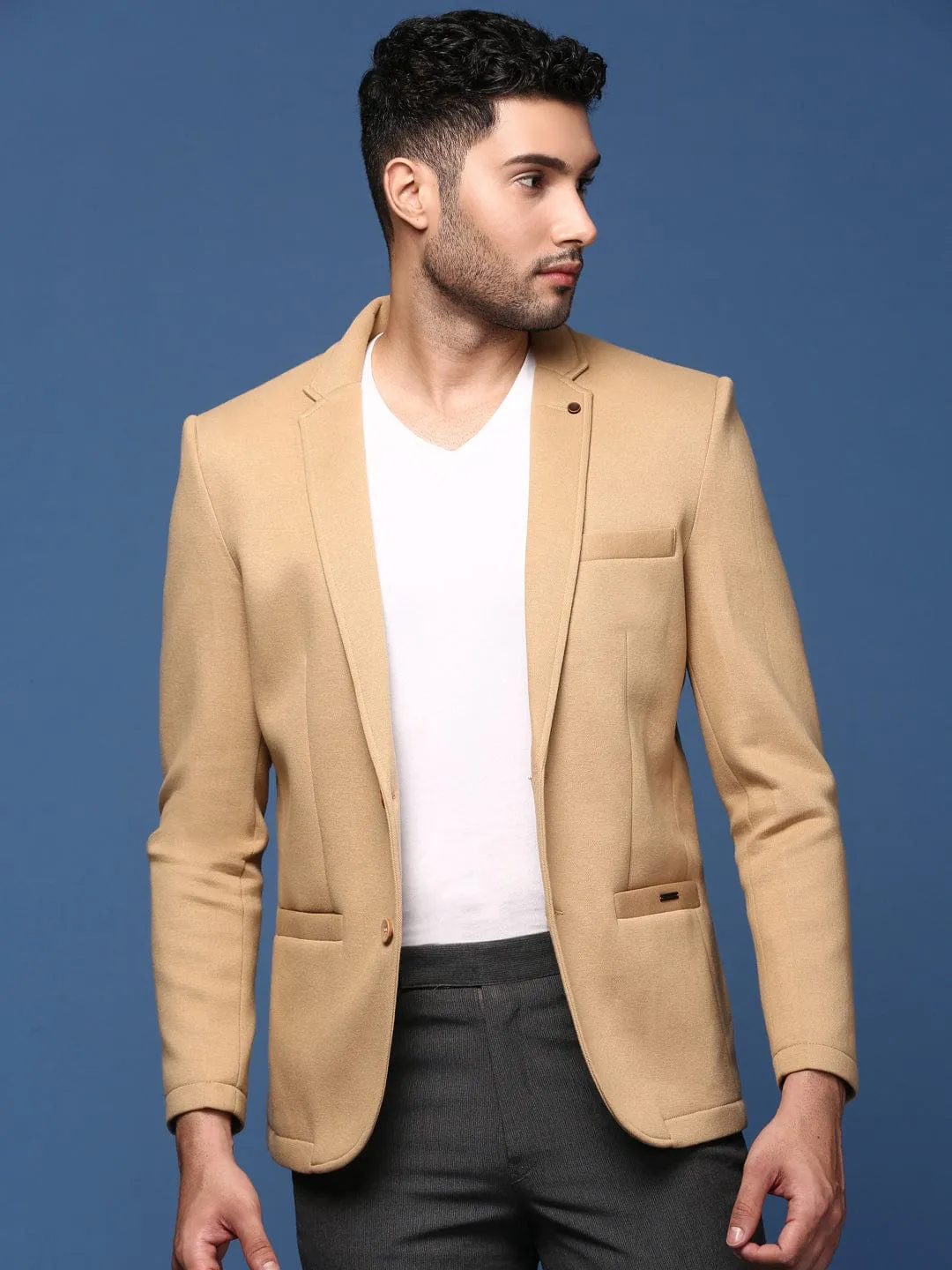 Men Khaki Notched Lapel Slim Fit Single Breasted Blazer