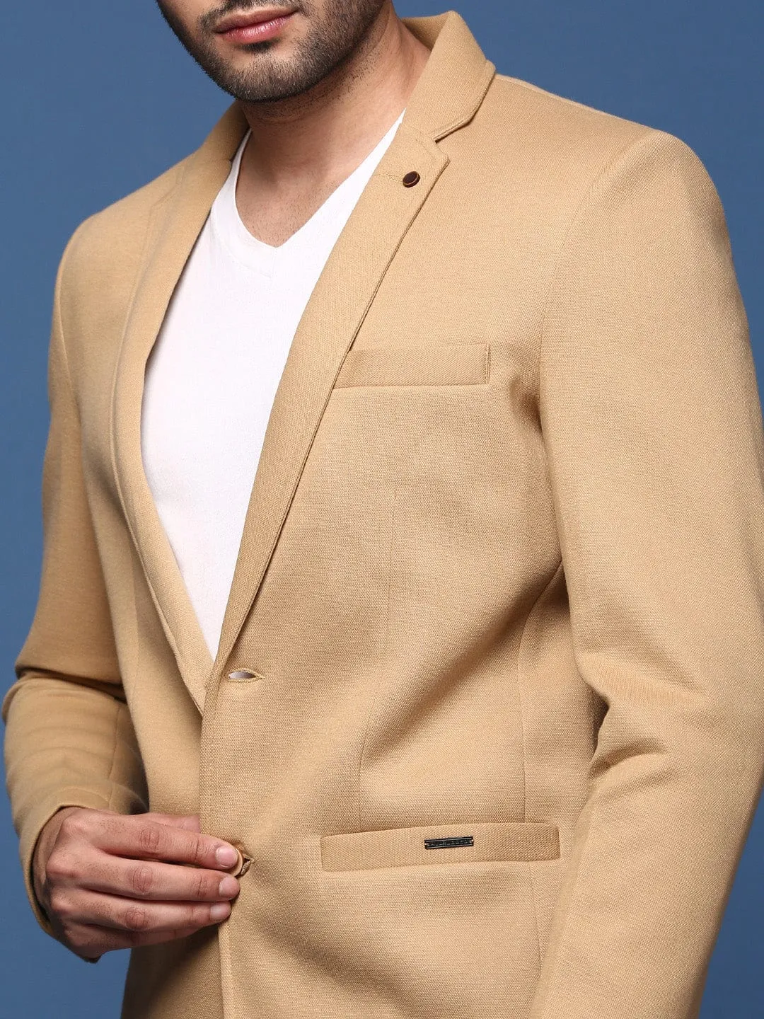 Men Khaki Notched Lapel Slim Fit Single Breasted Blazer