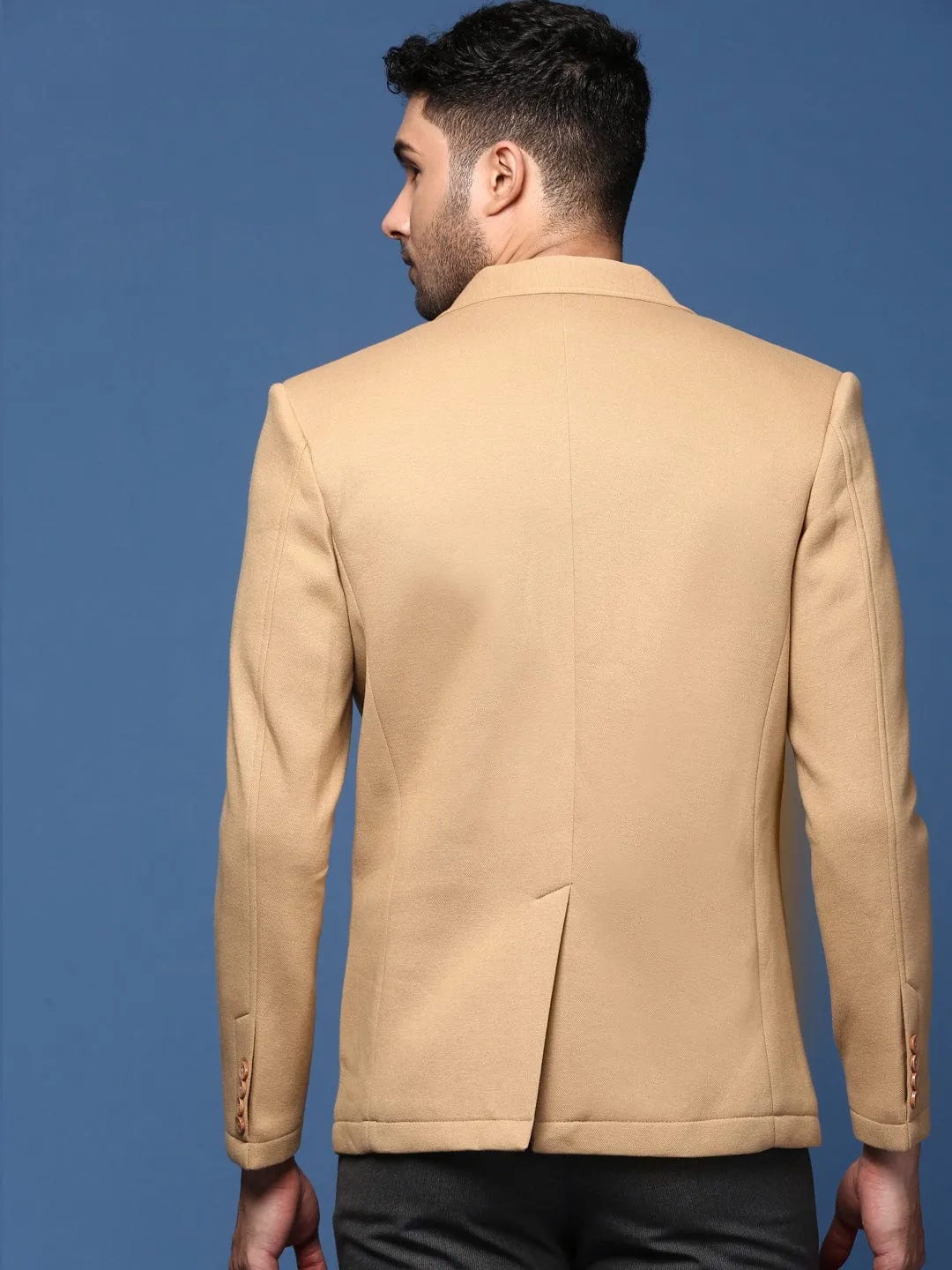 Men Khaki Notched Lapel Slim Fit Single Breasted Blazer