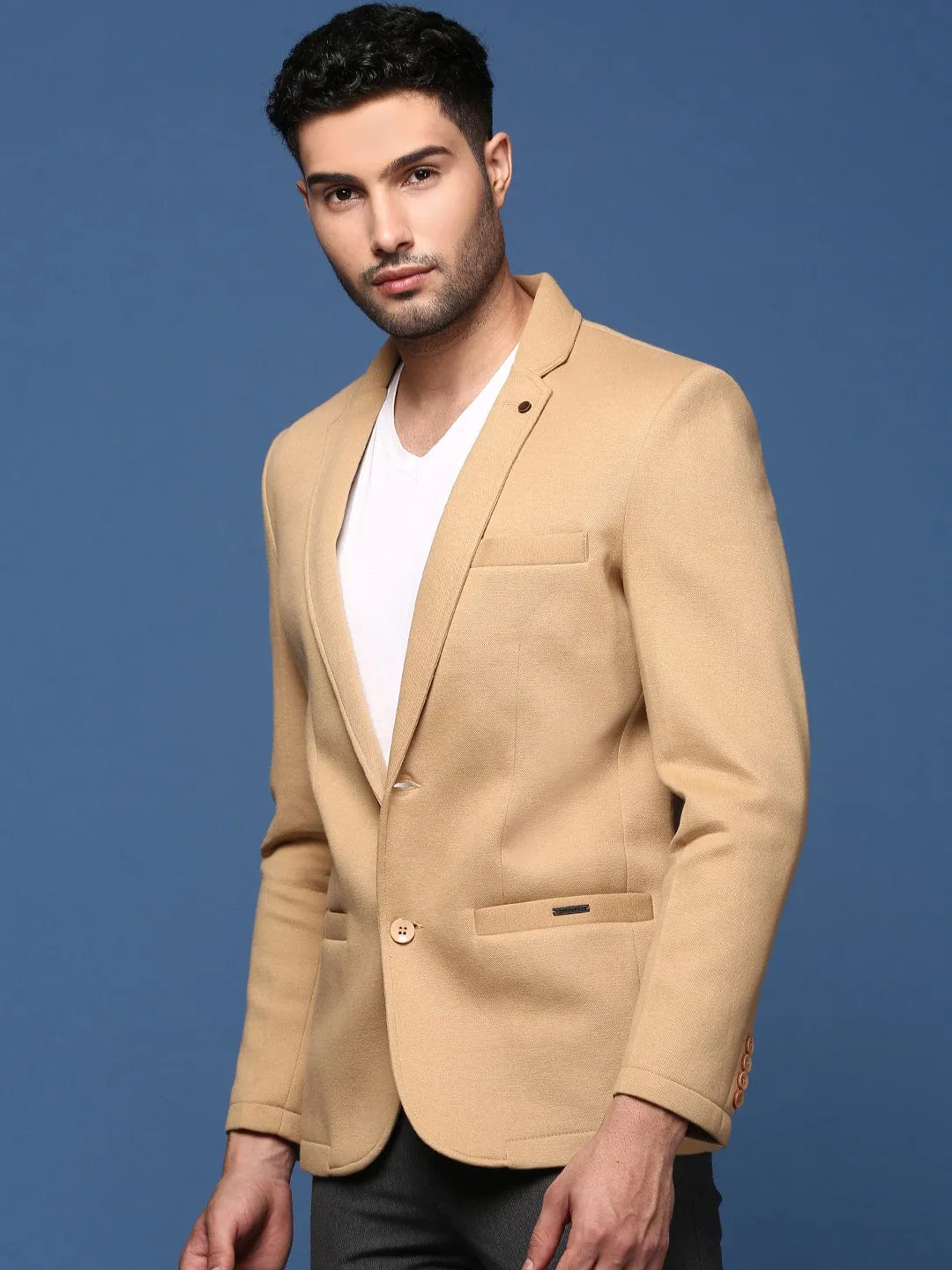 Men Khaki Notched Lapel Slim Fit Single Breasted Blazer
