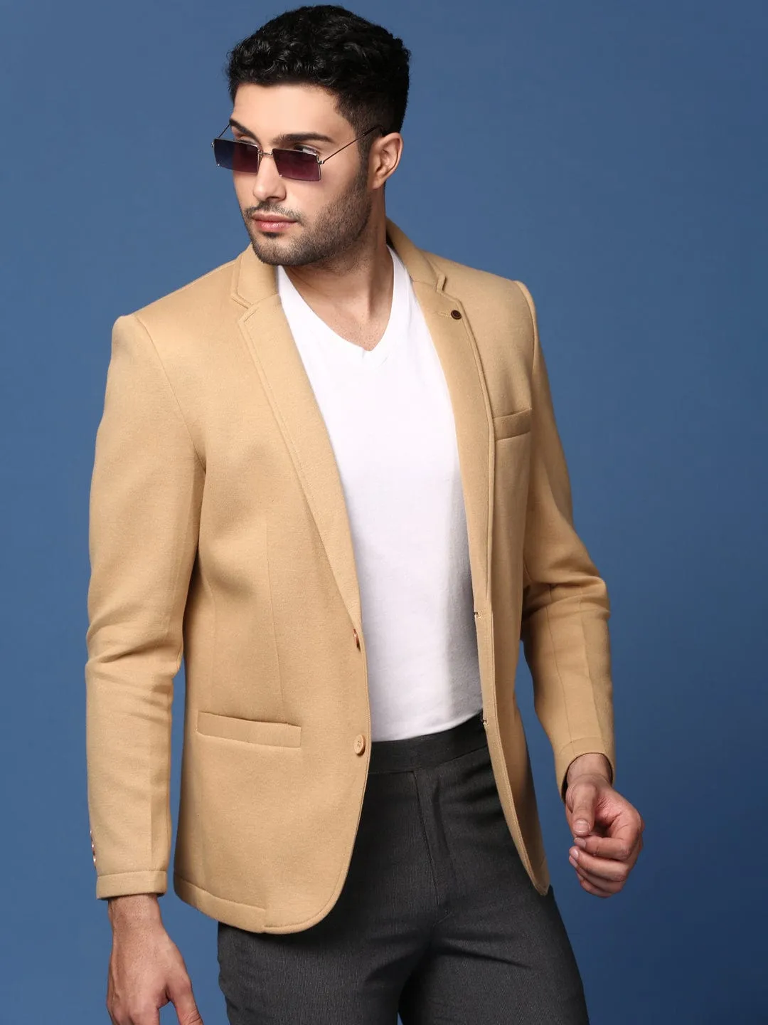 Men Khaki Notched Lapel Slim Fit Single Breasted Blazer