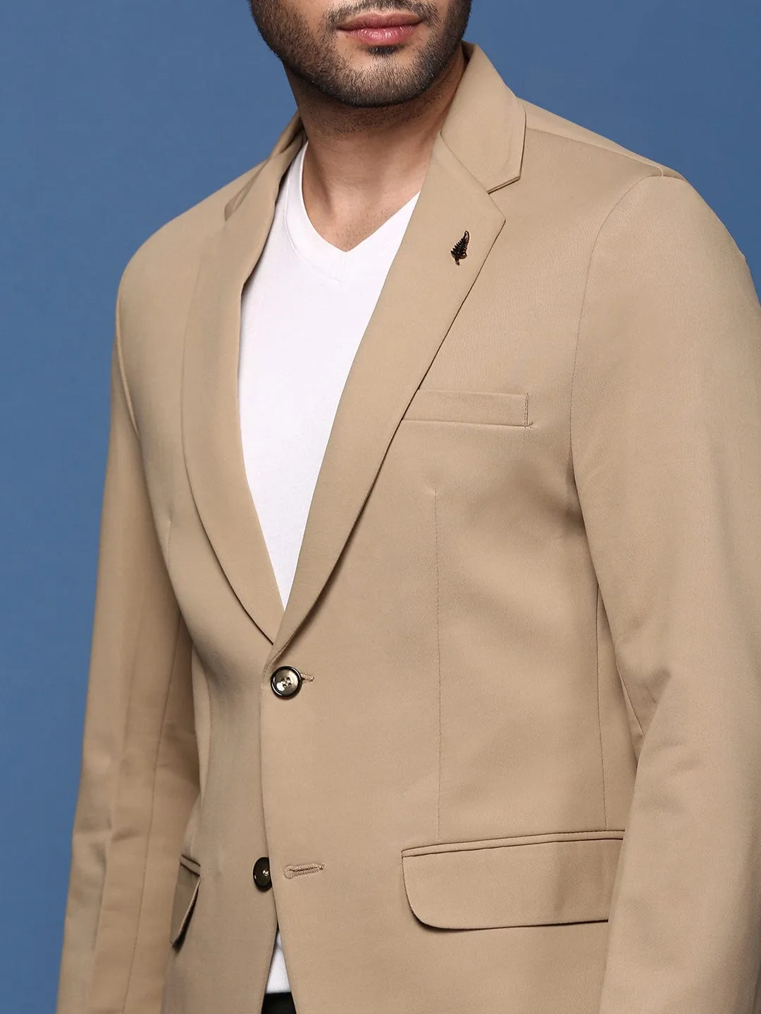 Men Khaki Slim Fit Single Breasted Cotton Blazer