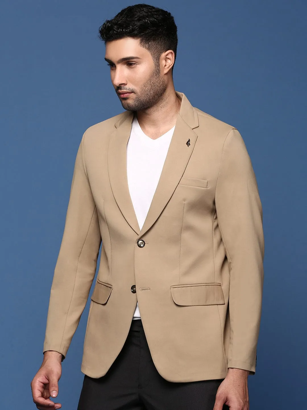 Men Khaki Slim Fit Single Breasted Cotton Blazer