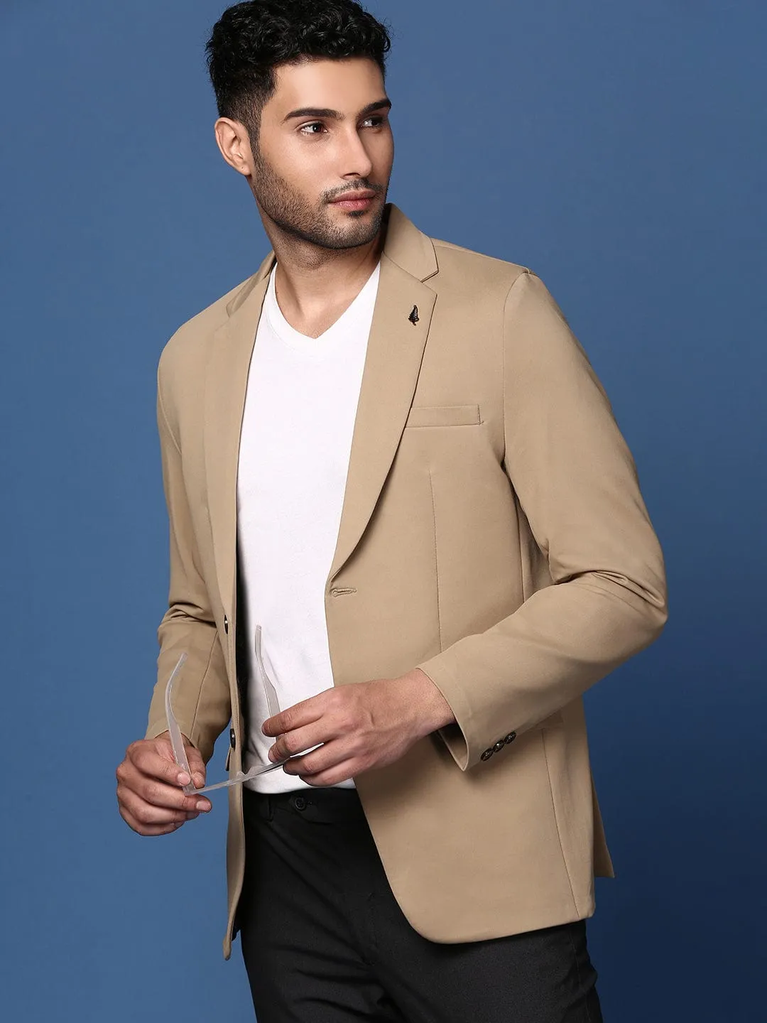 Men Khaki Slim Fit Single Breasted Cotton Blazer