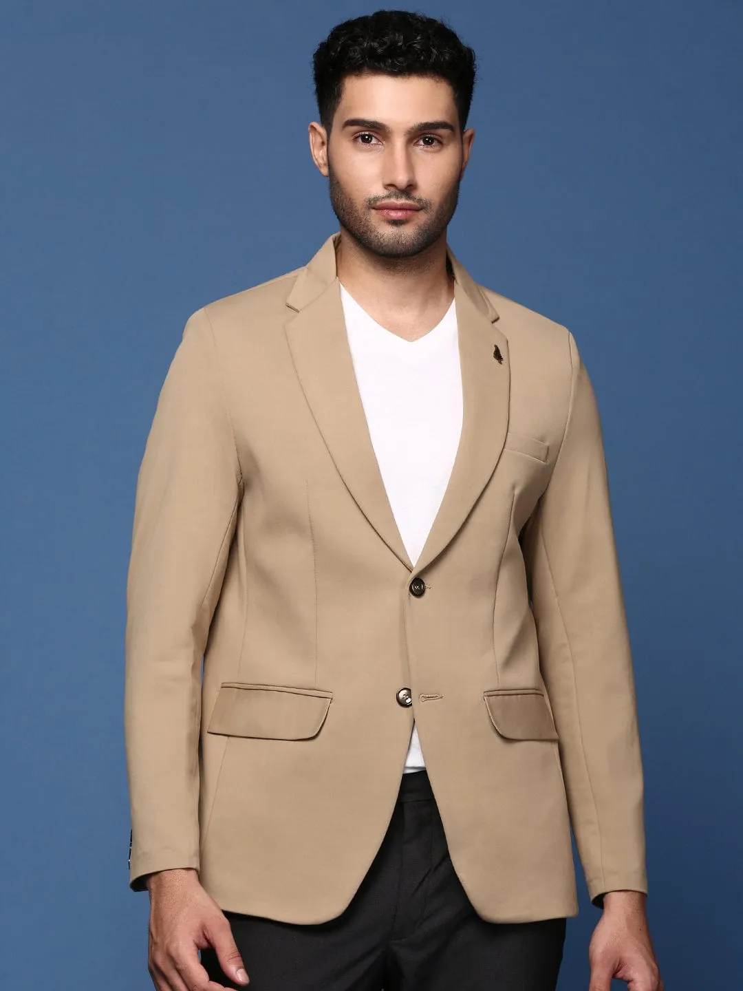 Men Khaki Slim Fit Single Breasted Cotton Blazer