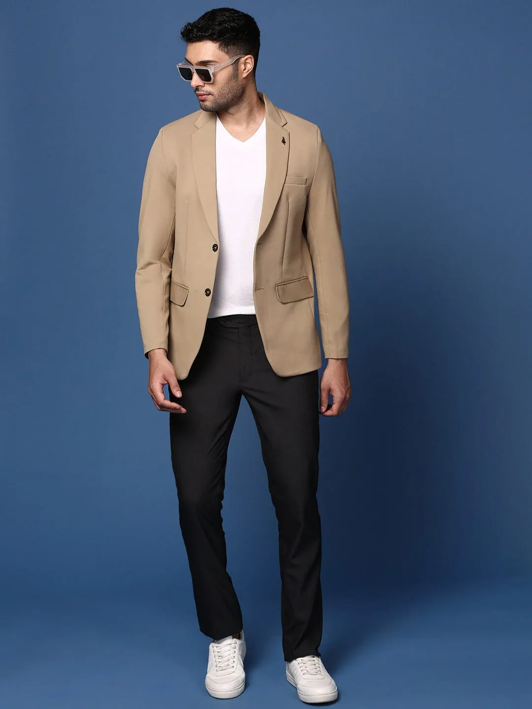 Men Khaki Slim Fit Single Breasted Cotton Blazer