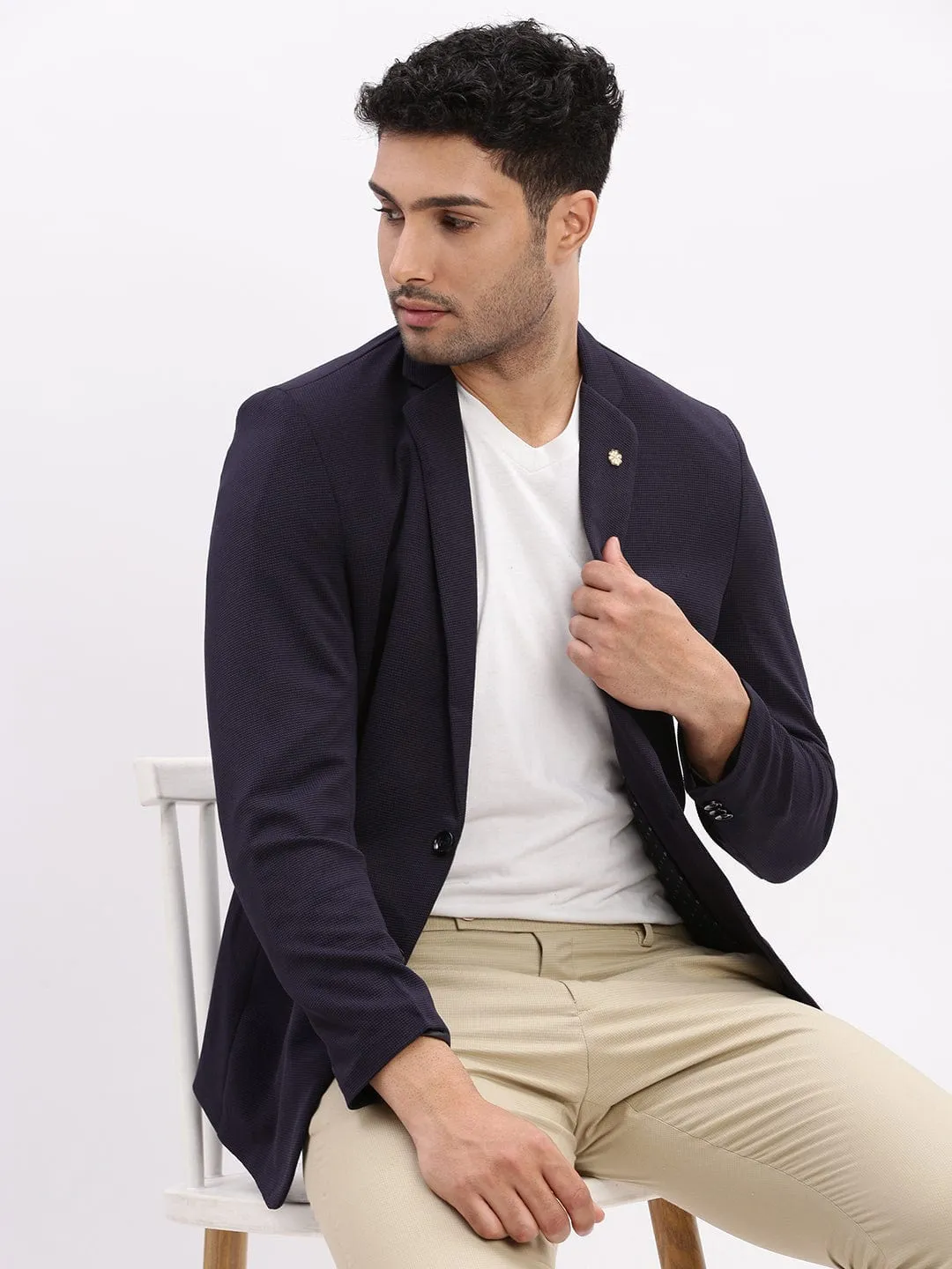 Men Navy Blue Slim-Fit Notched Lapel Collar Single Breasted Cotton Casual Blazer