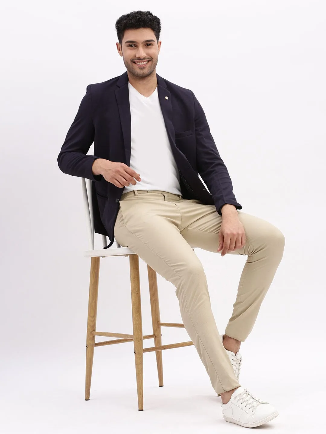 Men Navy Blue Slim-Fit Notched Lapel Collar Single Breasted Cotton Casual Blazer