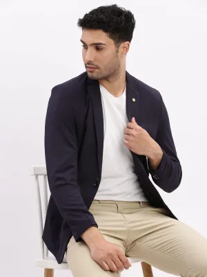 Men Navy Blue Slim-Fit Notched Lapel Collar Single Breasted Cotton Casual Blazer