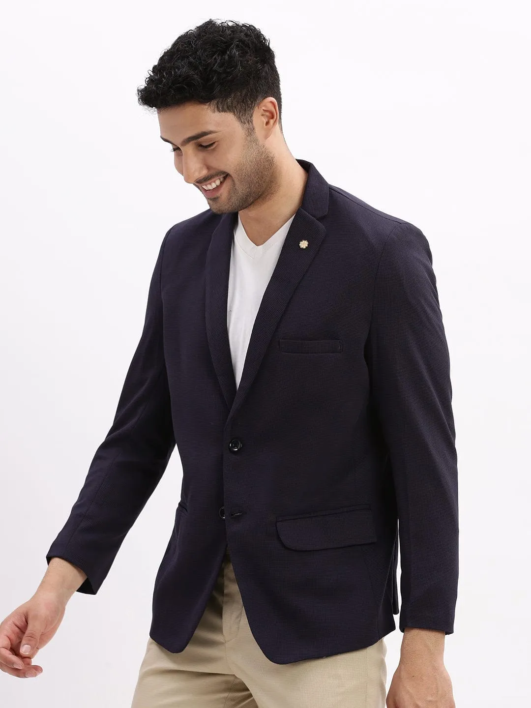 Men Navy Blue Slim-Fit Notched Lapel Collar Single Breasted Cotton Casual Blazer