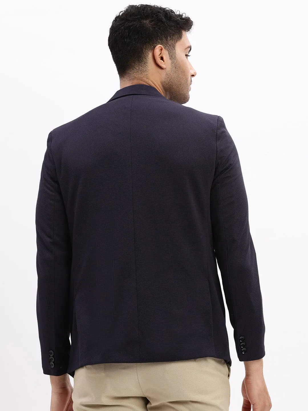 Men Navy Blue Slim-Fit Notched Lapel Collar Single Breasted Cotton Casual Blazer