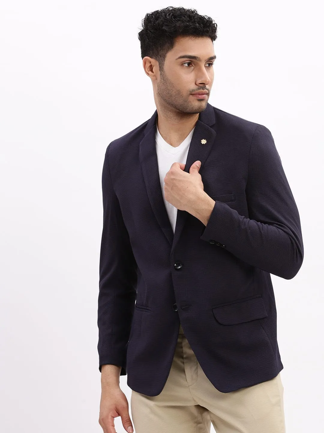 Men Navy Blue Slim-Fit Notched Lapel Collar Single Breasted Cotton Casual Blazer