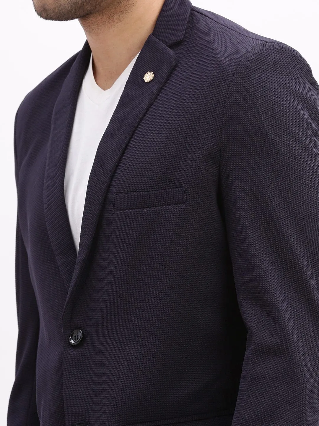 Men Navy Blue Slim-Fit Notched Lapel Collar Single Breasted Cotton Casual Blazer