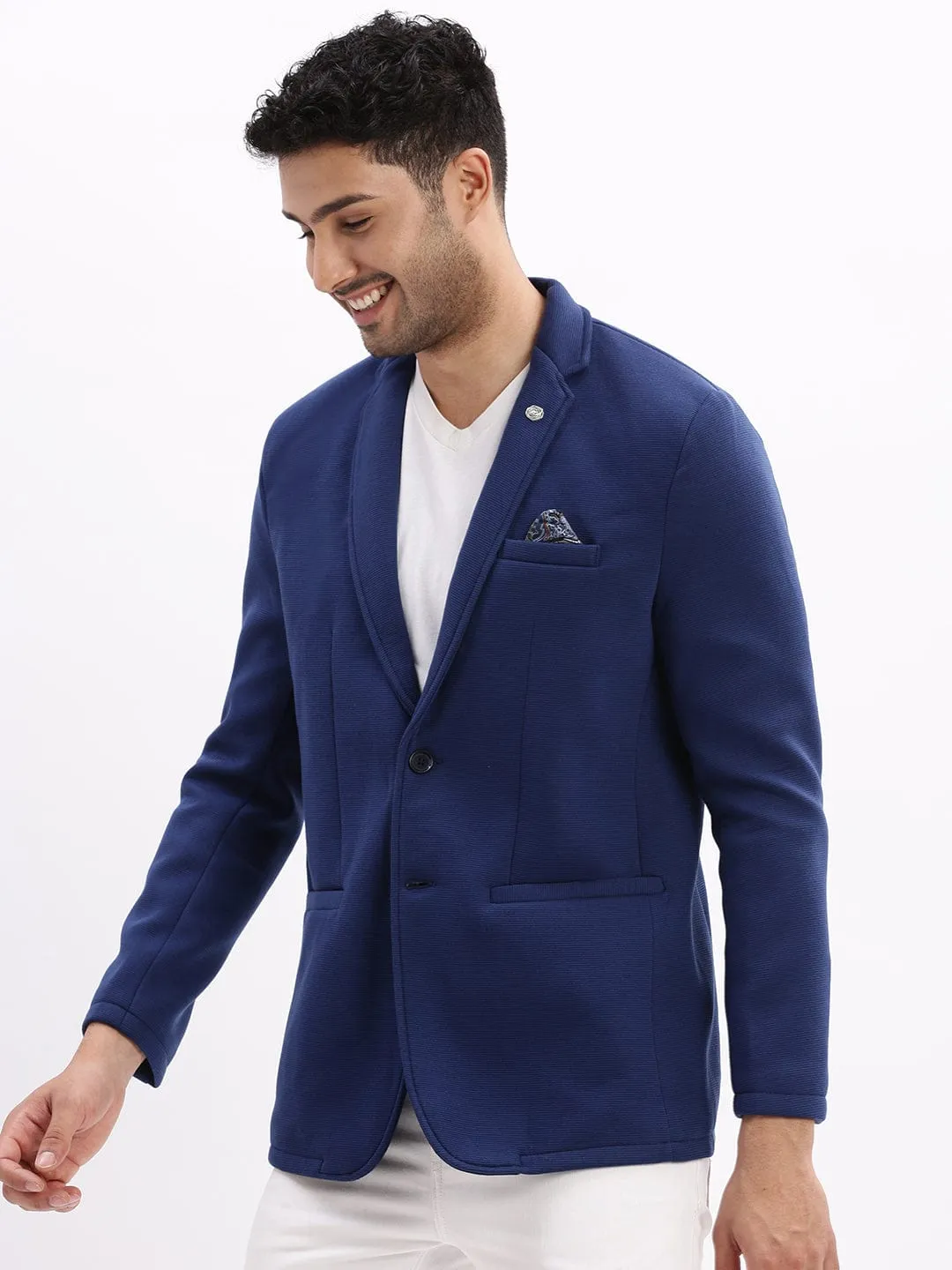 Men Navy Blue Slim-Fit Single-Breasted Notched Lapel Collar Casual Blazer