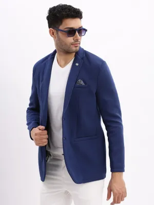Men Navy Blue Slim-Fit Single-Breasted Notched Lapel Collar Casual Blazer