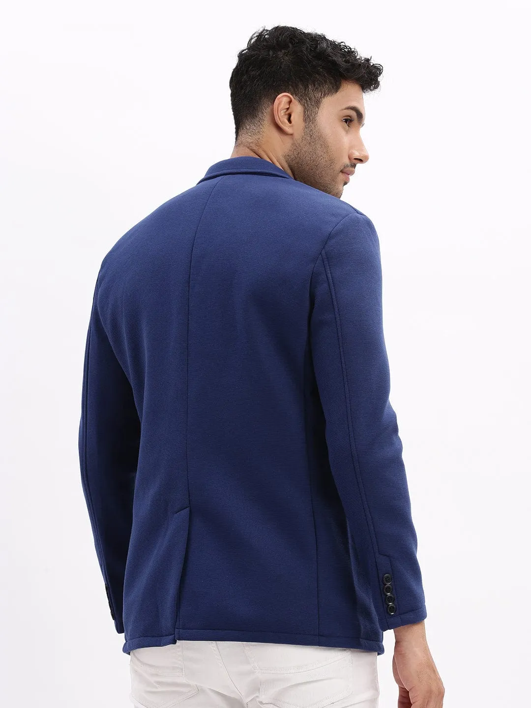 Men Navy Blue Slim-Fit Single-Breasted Notched Lapel Collar Casual Blazer