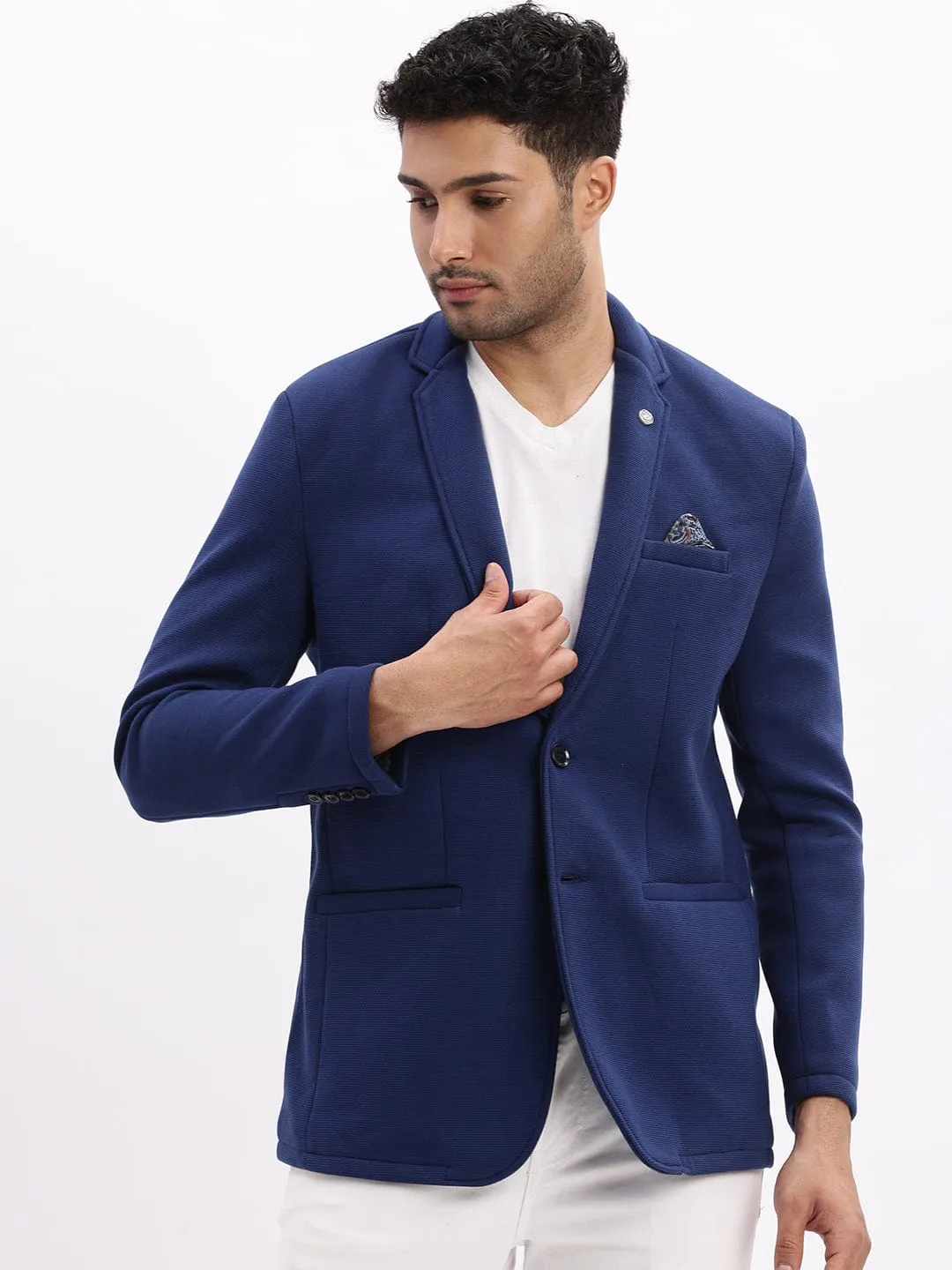 Men Navy Blue Slim-Fit Single-Breasted Notched Lapel Collar Casual Blazer