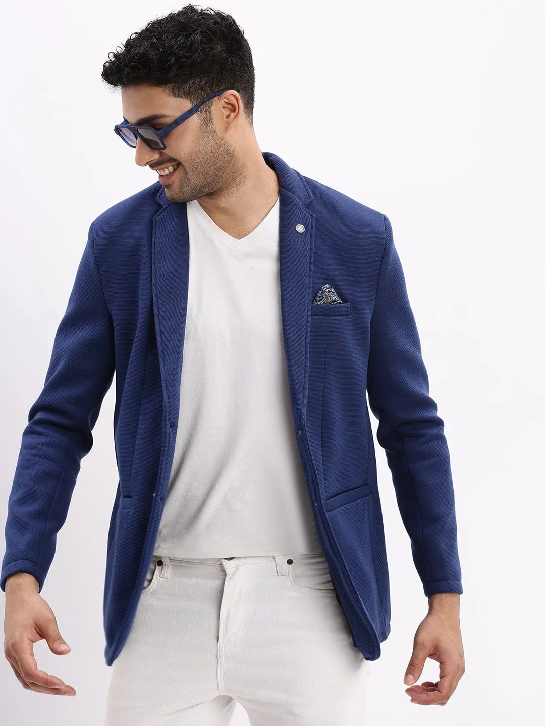 Men Navy Blue Slim-Fit Single-Breasted Notched Lapel Collar Casual Blazer