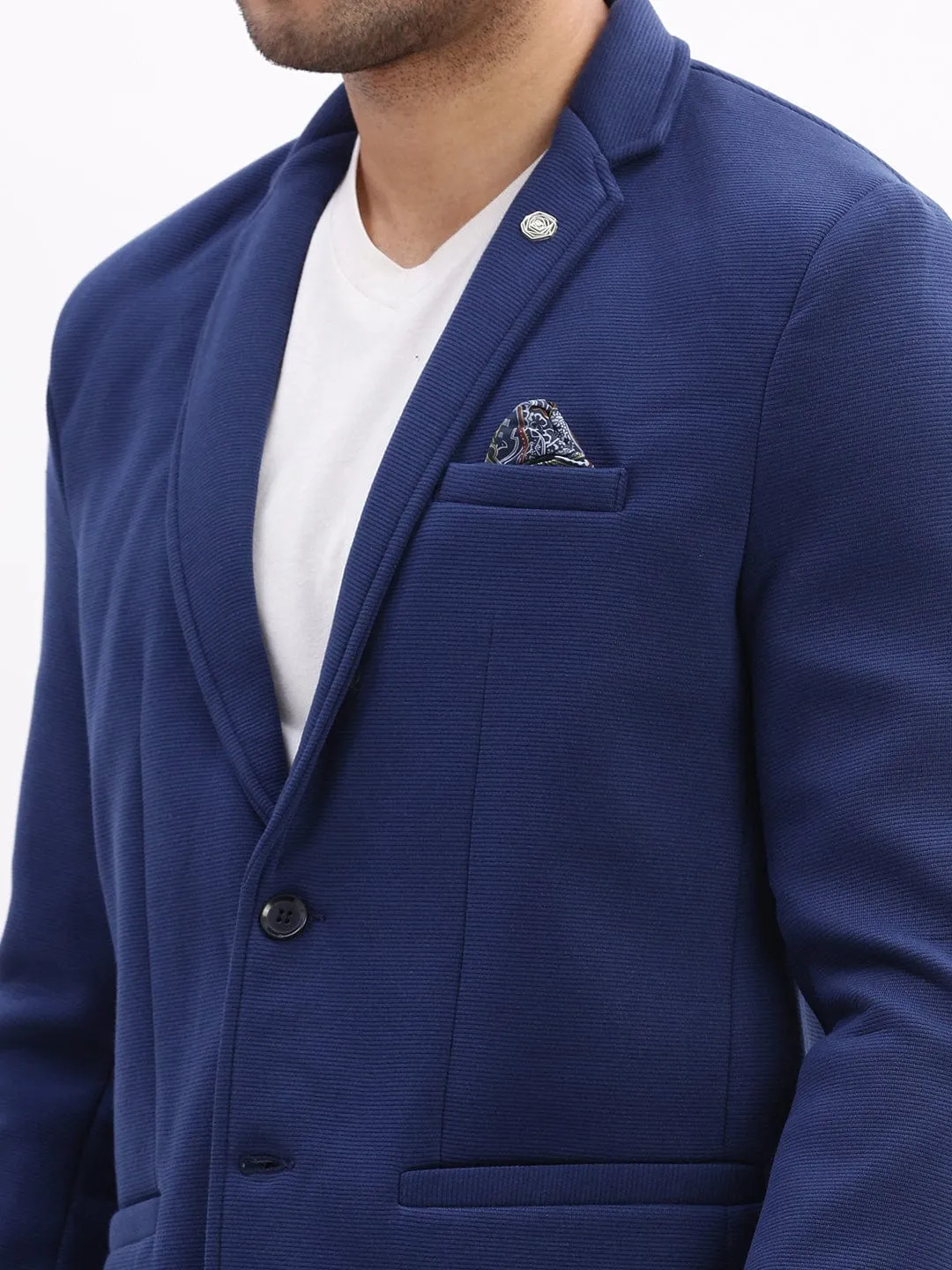 Men Navy Blue Slim-Fit Single-Breasted Notched Lapel Collar Casual Blazer