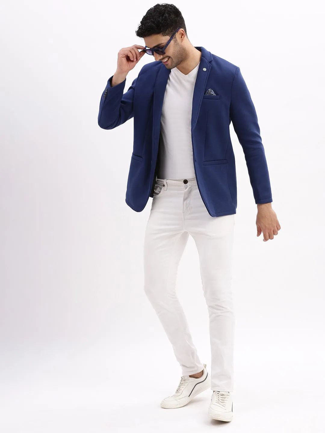 Men Navy Blue Slim-Fit Single-Breasted Notched Lapel Collar Casual Blazer