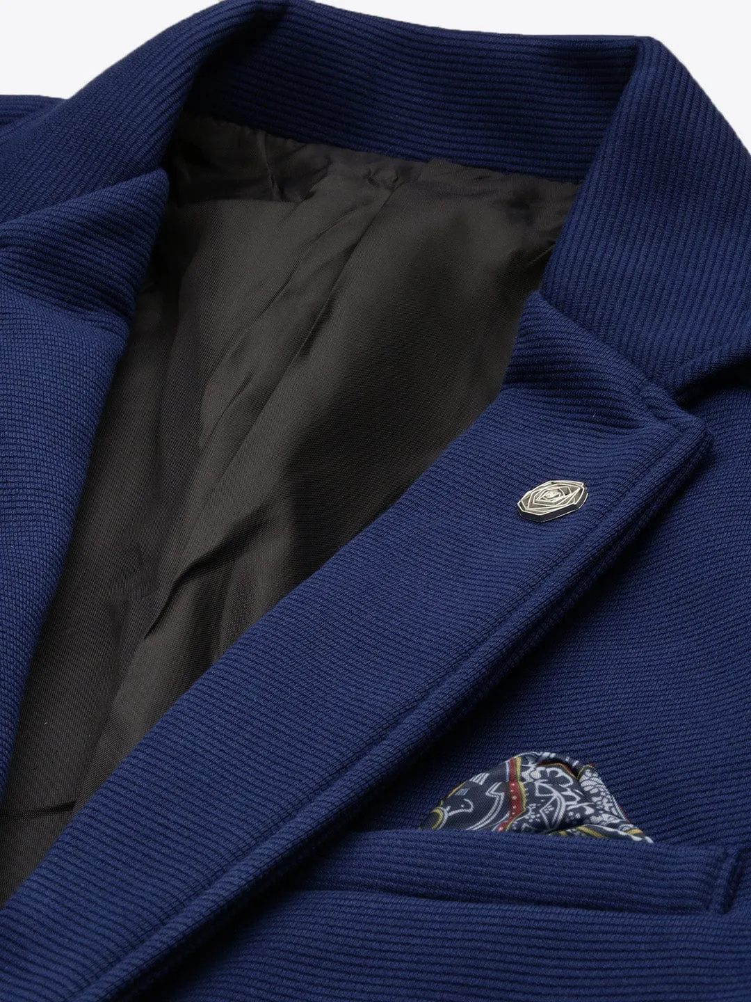 Men Navy Blue Slim-Fit Single-Breasted Notched Lapel Collar Casual Blazer