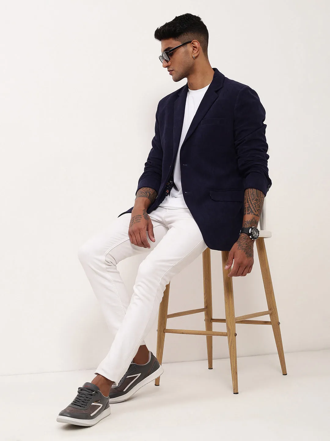Men Navy Blue Solid Single Breasted Blazer