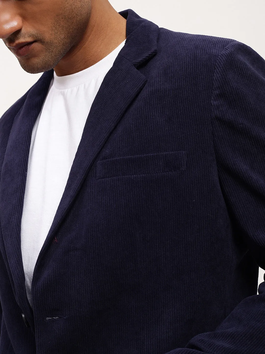 Men Navy Blue Solid Single Breasted Blazer